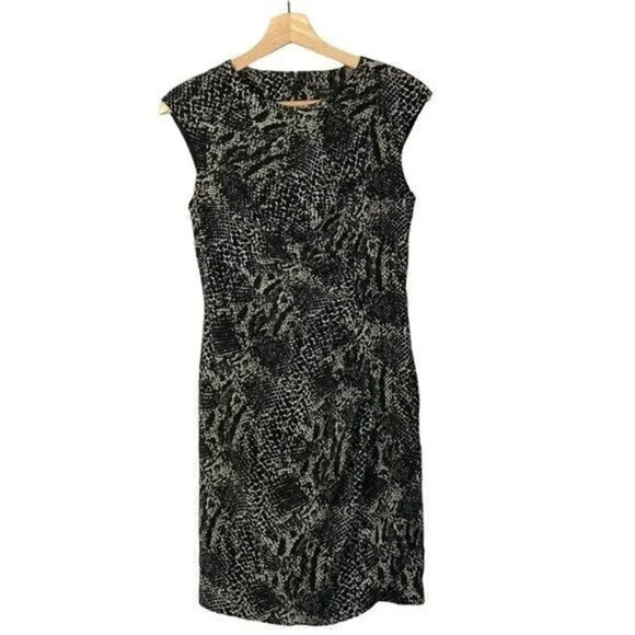 Ann Taylor Black & Beige Snake Printed Ruched Sheath Dress 2 - Picture 1 of 5